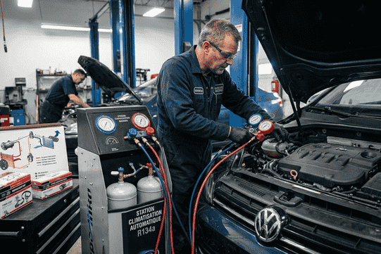 Mécanicien qui répare la climatisation d'un véhicule